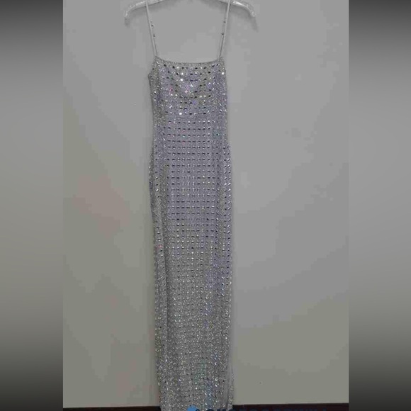 $268 Oh Polly Prisha Silver Embellished Square Neck Evening Dress UK 6 US 2 - Picture 6 of 13